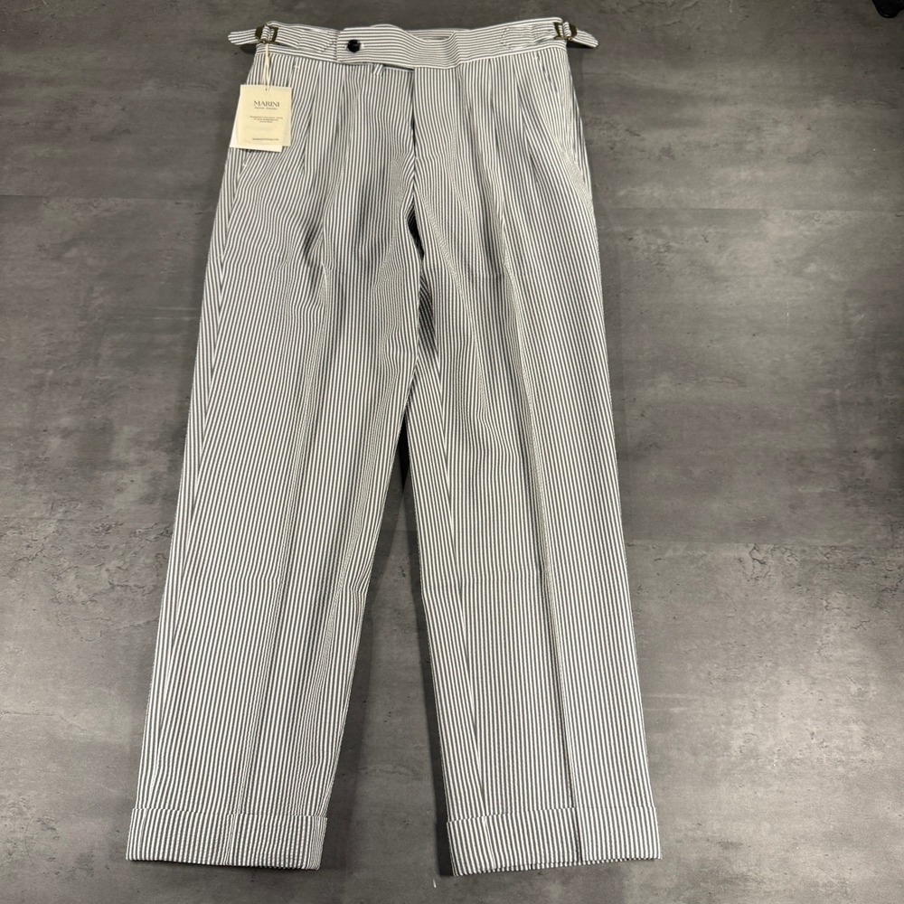 Marini Gurkha Trousers Mens 30 Grey White Seersucker Striped Pleated Side Buckle